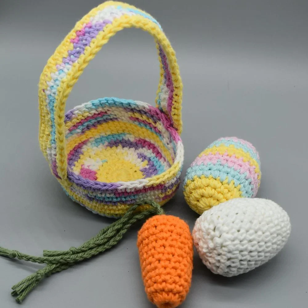 Hand Crafted Crochet Kitty Cat Easter Basket with Three Catnip Toys
